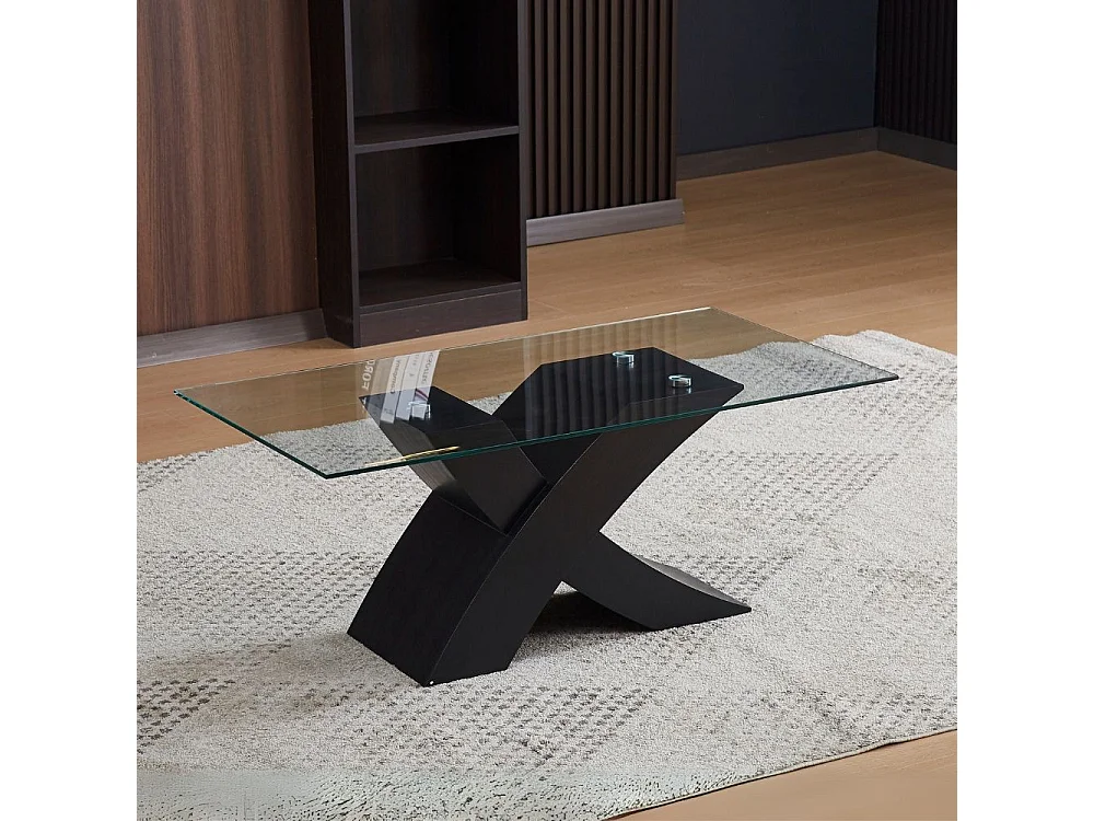 Tavolino da salotto Shiva piano in vetro e base nera a incrocio 110x60x45H