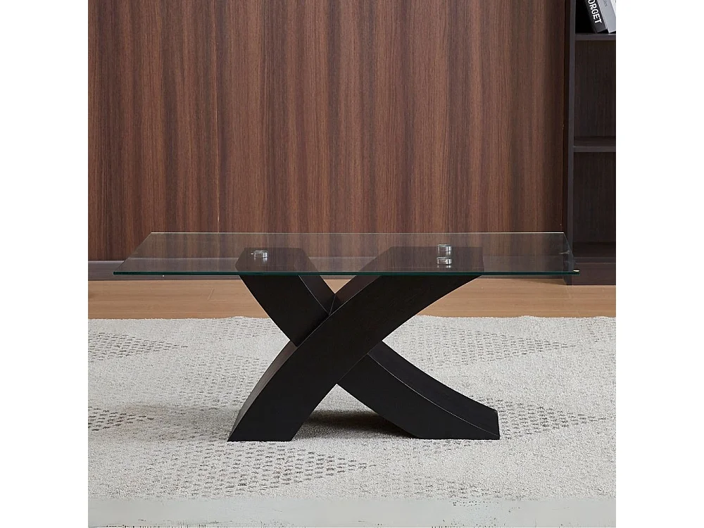 Tavolino da salotto Shiva piano in vetro e base nera a incrocio 110x60x45H