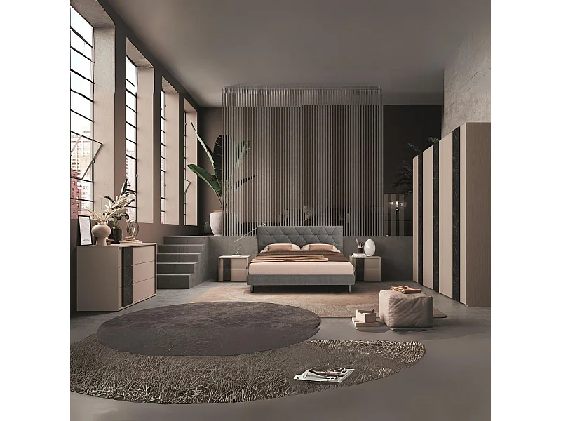 Camera da letto canapa frassinato e dettagli marmo nero Moni