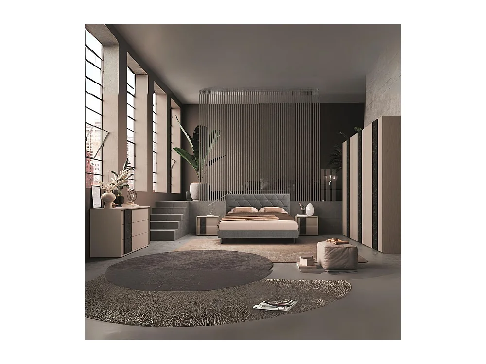 Camera da letto canapa frassinato e dettagli marmo nero Moni