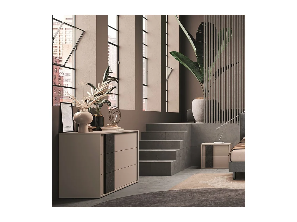 Camera da letto canapa frassinato e dettagli marmo nero Moni