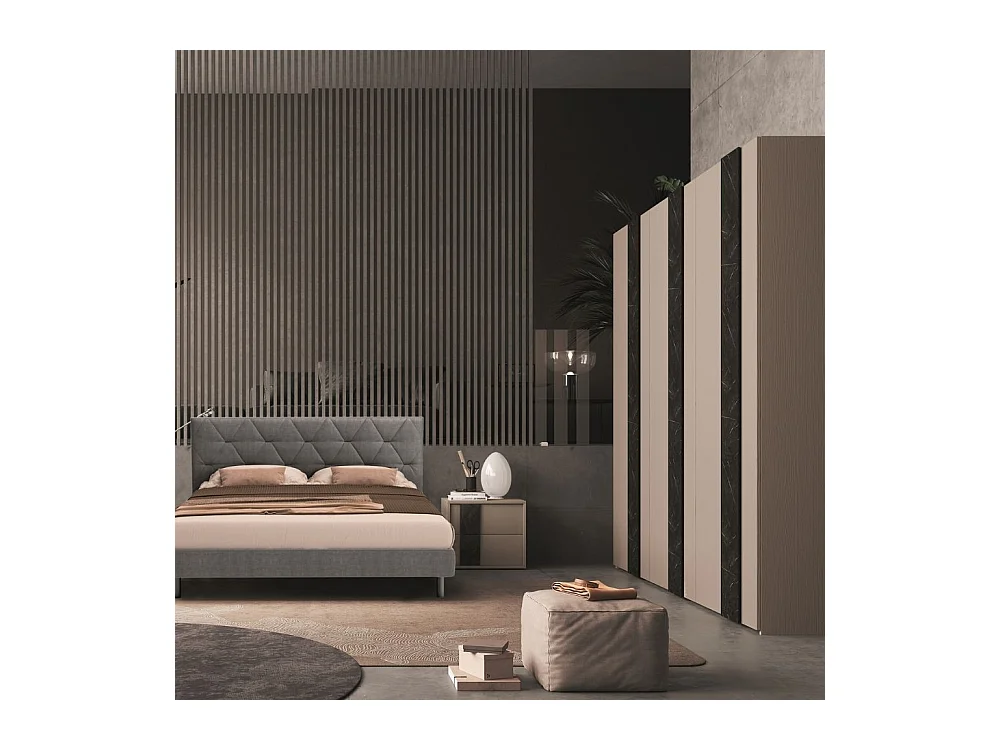 Camera da letto canapa frassinato e dettagli marmo nero Moni