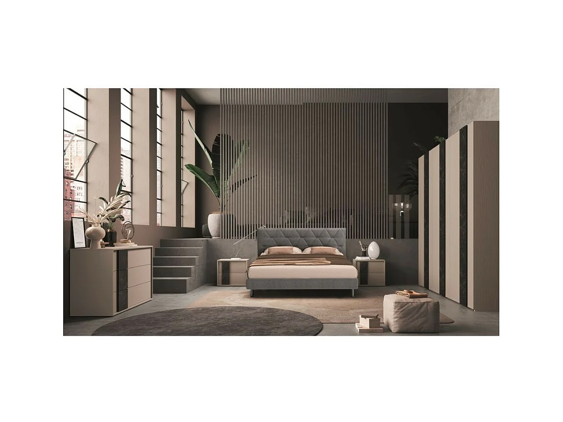 Camera da letto canapa frassinato e dettagli marmo nero Moni