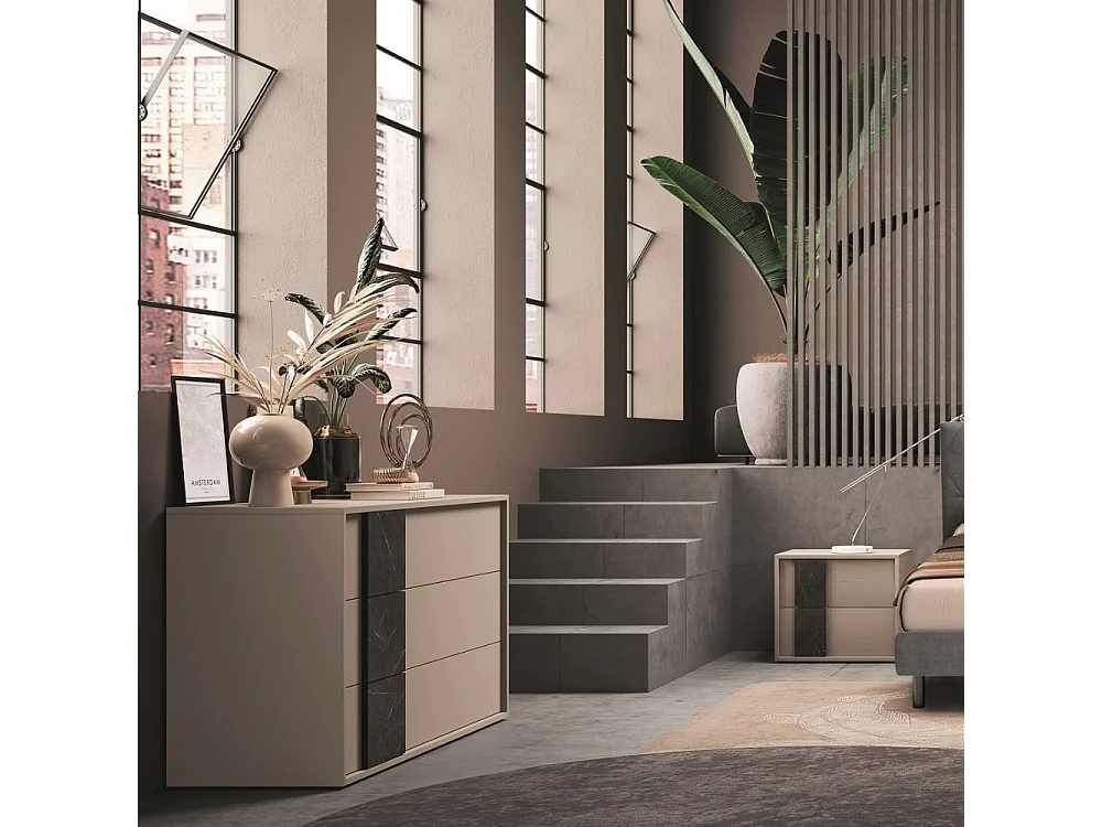 Camera da letto canapa frassinato e dettagli marmo nero Moni