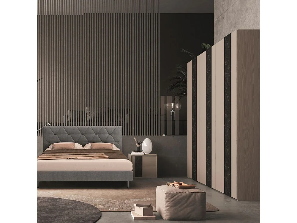 Camera da letto canapa frassinato e dettagli marmo nero Moni