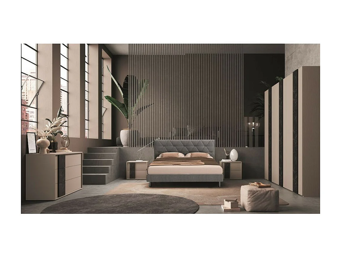 Camera da letto canapa frassinato e dettagli marmo nero Moni