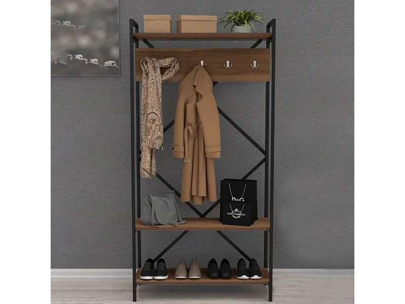 Mobile ingresso appendiabiti struttura in metallo e ripiani noce Navis