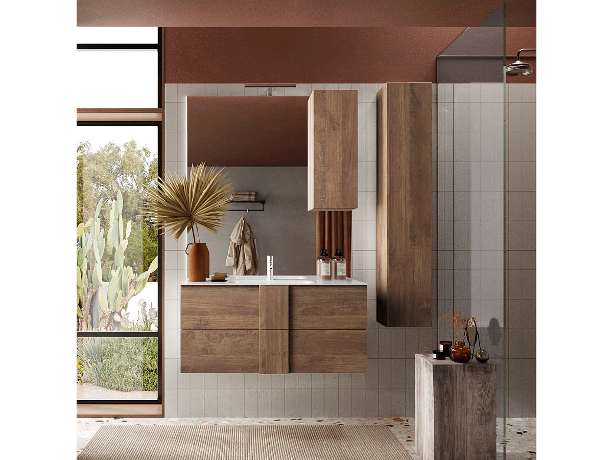 Miroir avec lampe et colonne de rangement décor bois foncé L80 cm - JUPITER