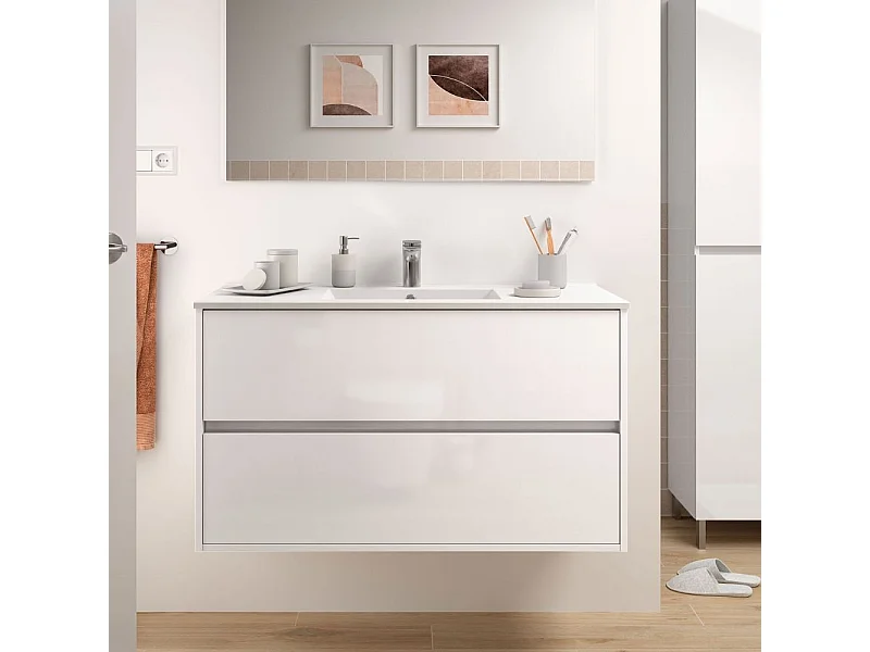 Mobile bagno sospeso bianco laccato lucido 2 cassetti 100x45x56h Claros100