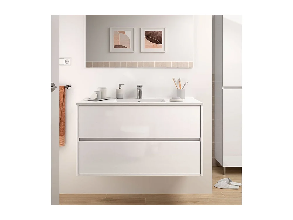 Mobile bagno sospeso bianco laccato lucido 2 cassetti 100x45x56h Claros100