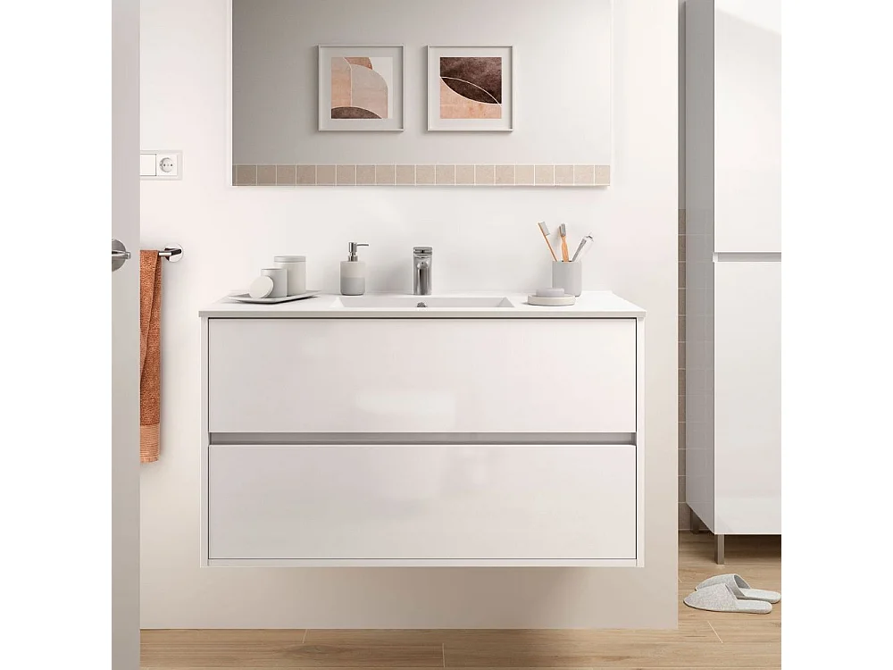Mobile bagno sospeso bianco laccato lucido 2 cassetti 100x45x56h Claros100