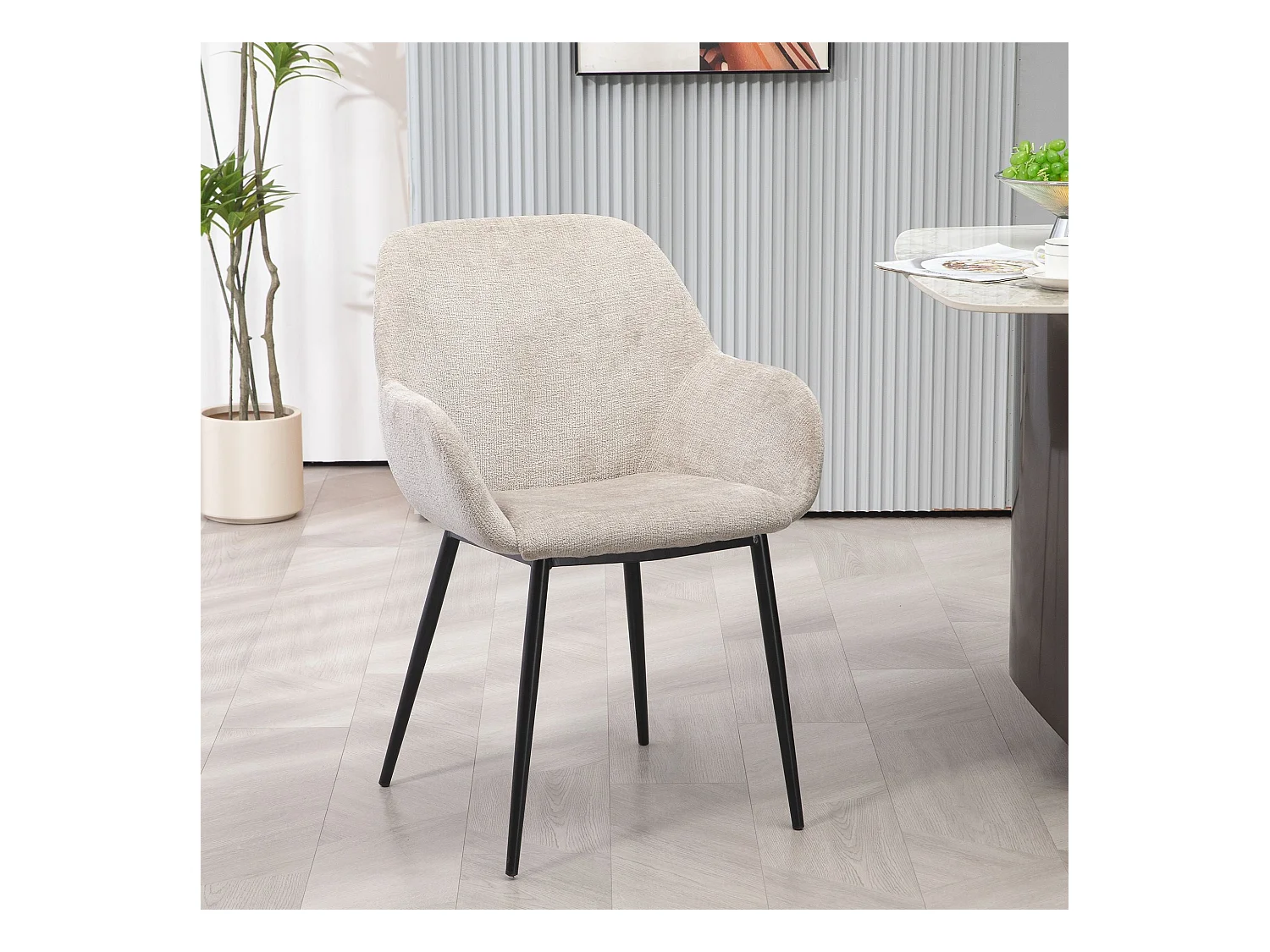 Chaise repas accoudoirs tissu chenille taupe pied métal HIBIS