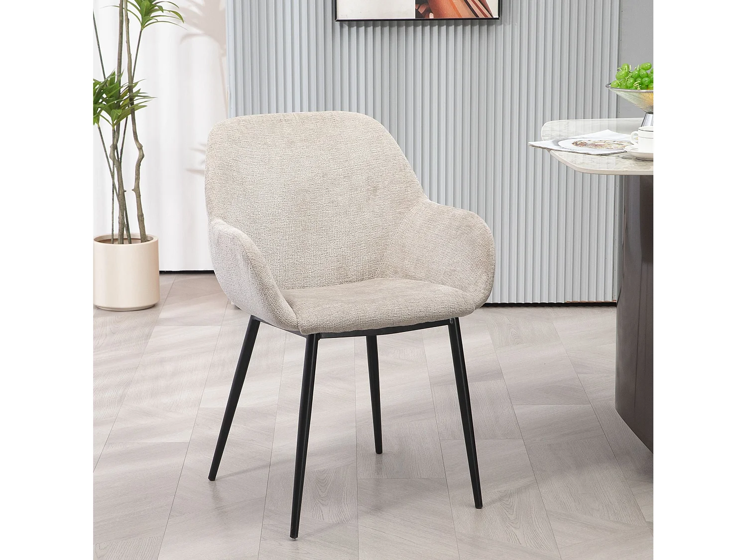 Chaise repas accoudoirs tissu chenille taupe pied métal HIBIS