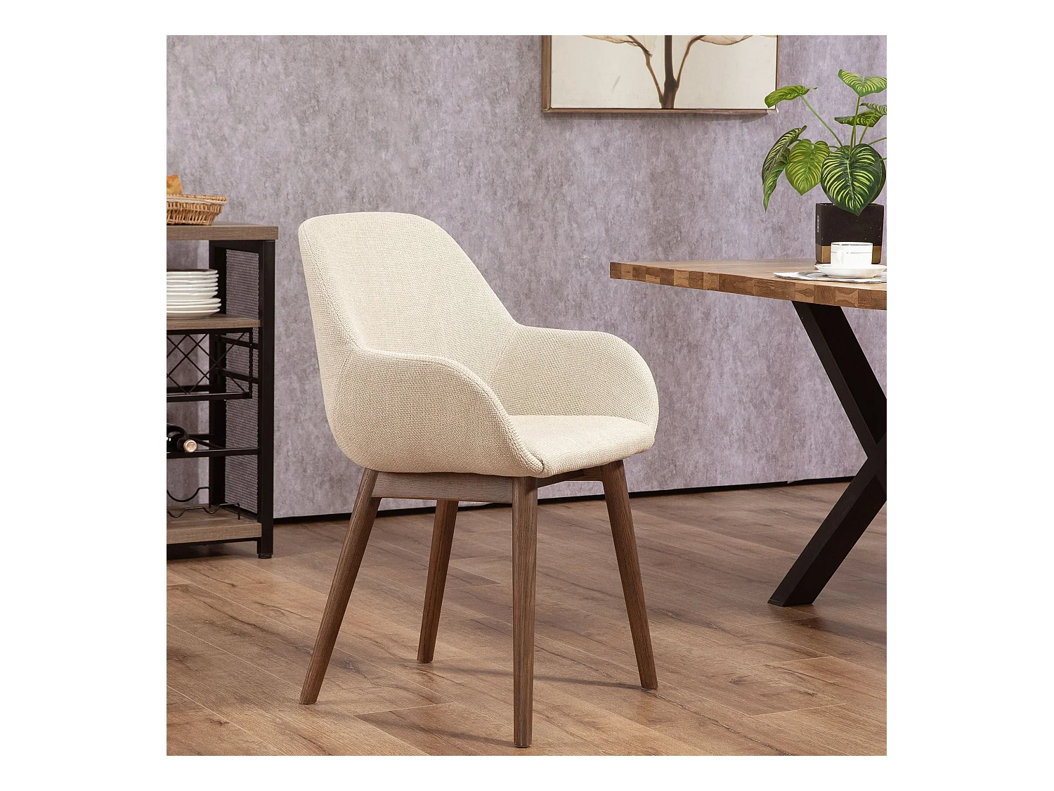 Chaise repas accoudoirs tissu beige pied chêne foncé MALVA