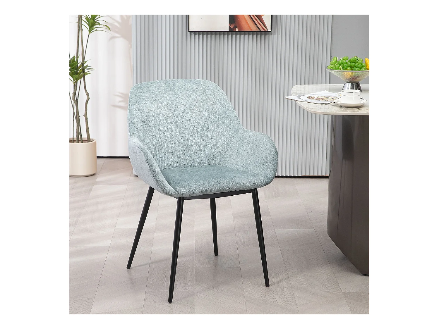 Chaise repas accoudoirs tissu chenille céladon pied métal HIBIS