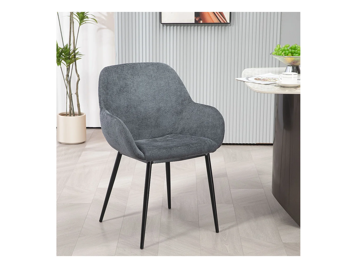 Chaise repas accoudoirs tissu chenille gris pied métal HIBIS