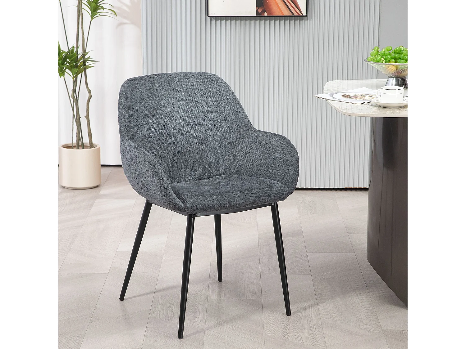 Chaise repas accoudoirs tissu chenille gris pied métal HIBIS