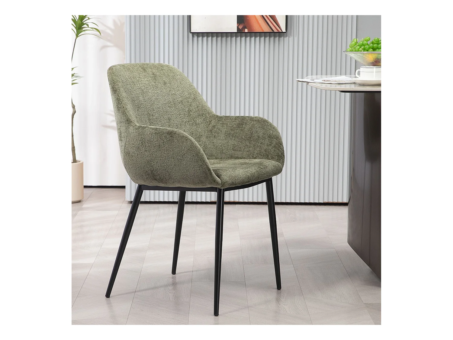 Chaise repas accoudoirs tissu chenille kaki pied métal HIBIS