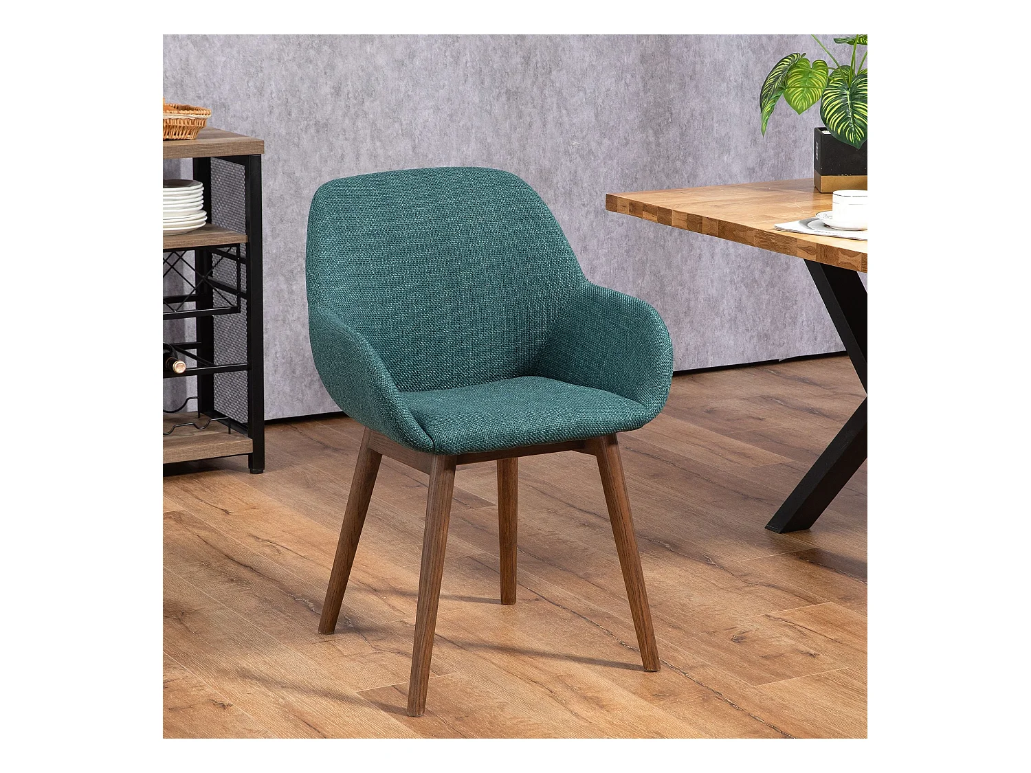 Chaise repas accoudoirs tissu vert emeraude pied chêne foncé MALVA