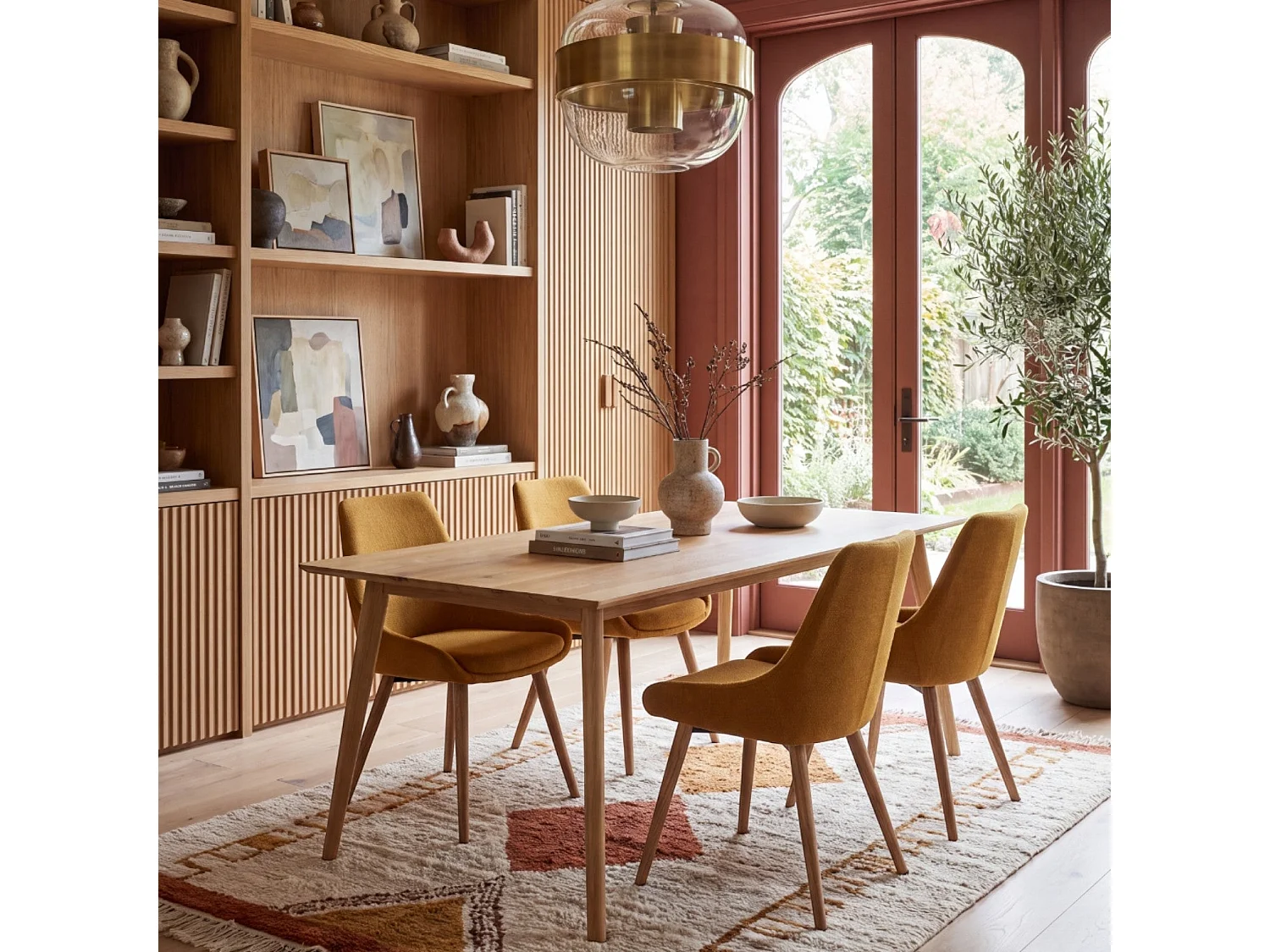 Chaise repas en tissu ocre pied chêne