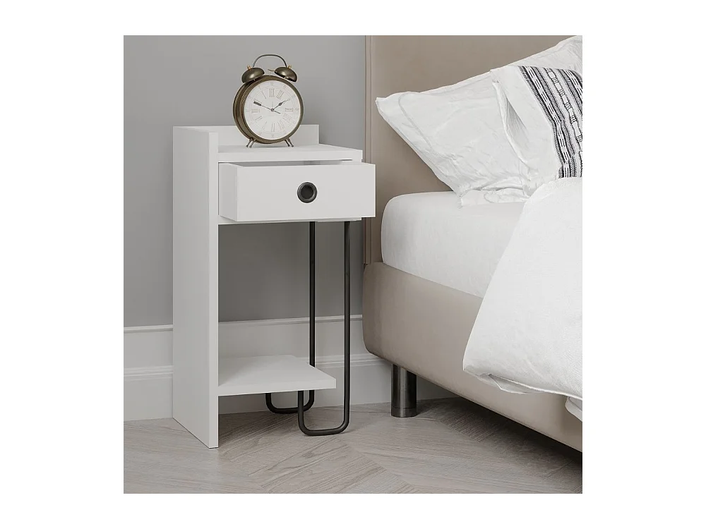 Comodino Sirius bianco con cassetto e gamba in metallo nero sinistro