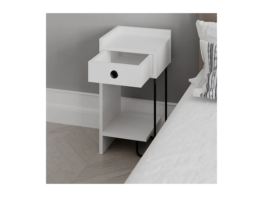 Comodino Sirius bianco con cassetto e gamba in metallo nero sinistro