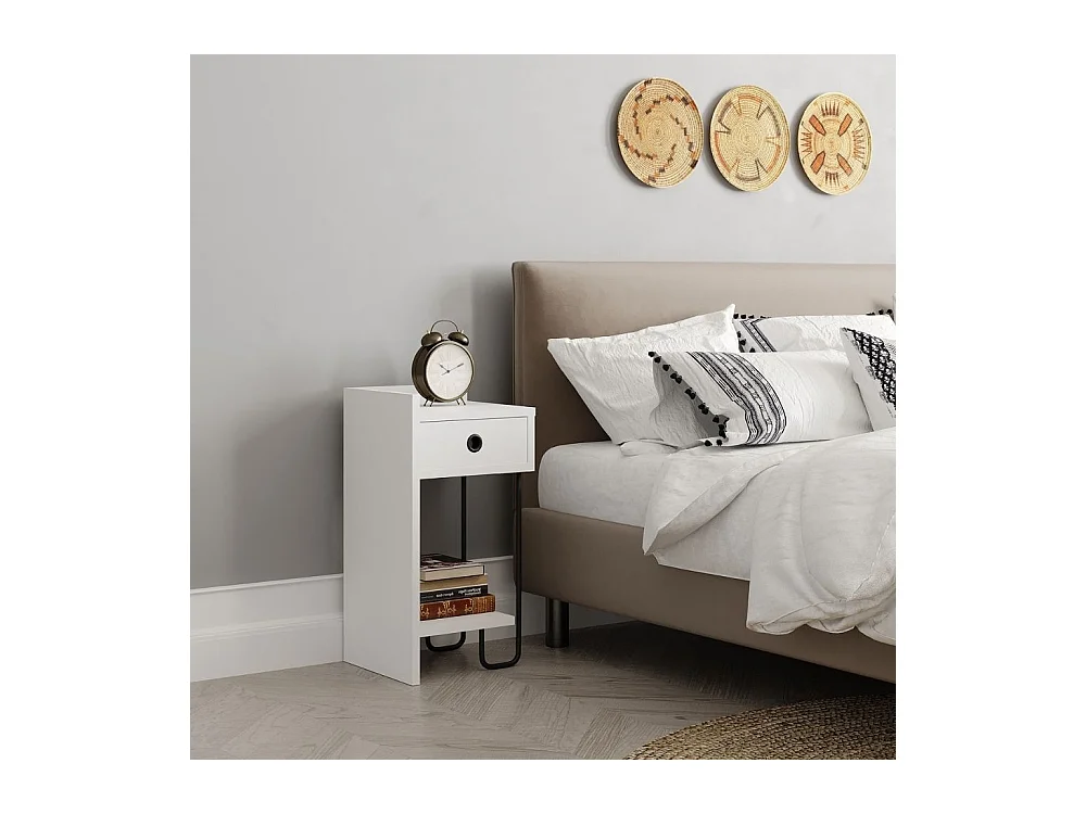 Comodino Sirius bianco con cassetto e gamba in metallo nero sinistro