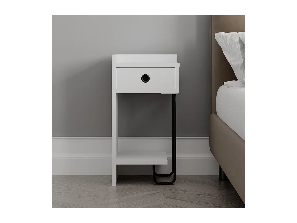 Comodino Sirius bianco con cassetto e gamba in metallo nero sinistro
