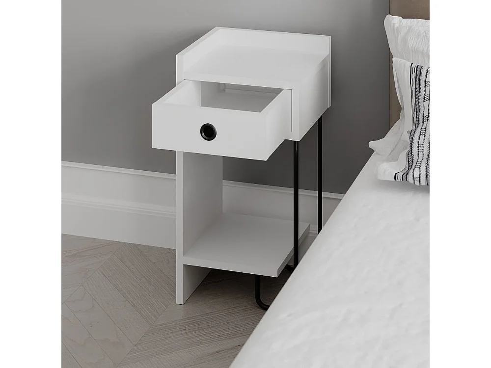 Comodino Sirius bianco con cassetto e gamba in metallo nero sinistro