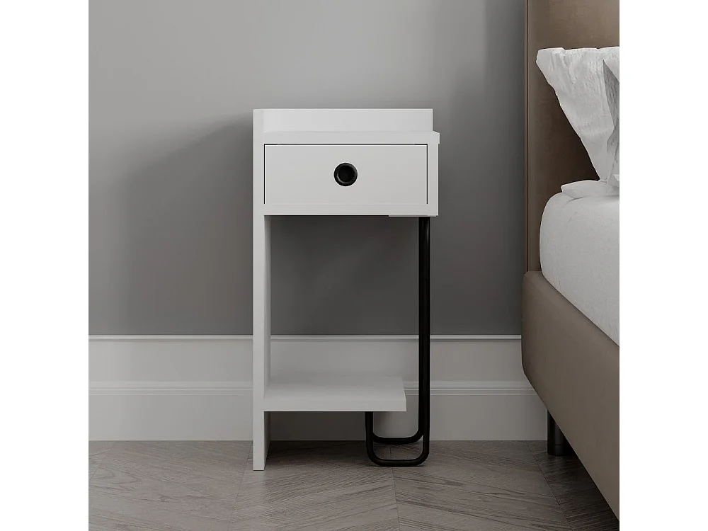 Comodino Sirius bianco con cassetto e gamba in metallo nero sinistro