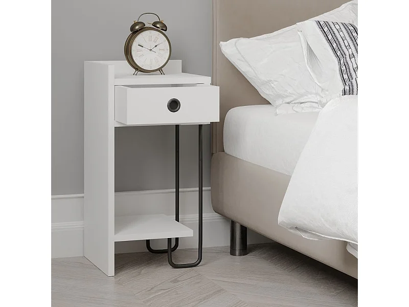 Comodino Sirius bianco con cassetto e gamba in metallo nero sinistro