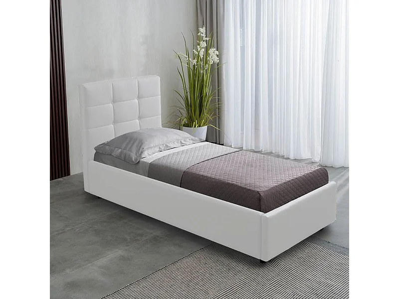 Letto singolo con contenitore Napoli ecopelle colore bianco