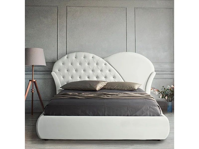 Letto con contenitore Marubi colore bianco bottoni effetto cristallo