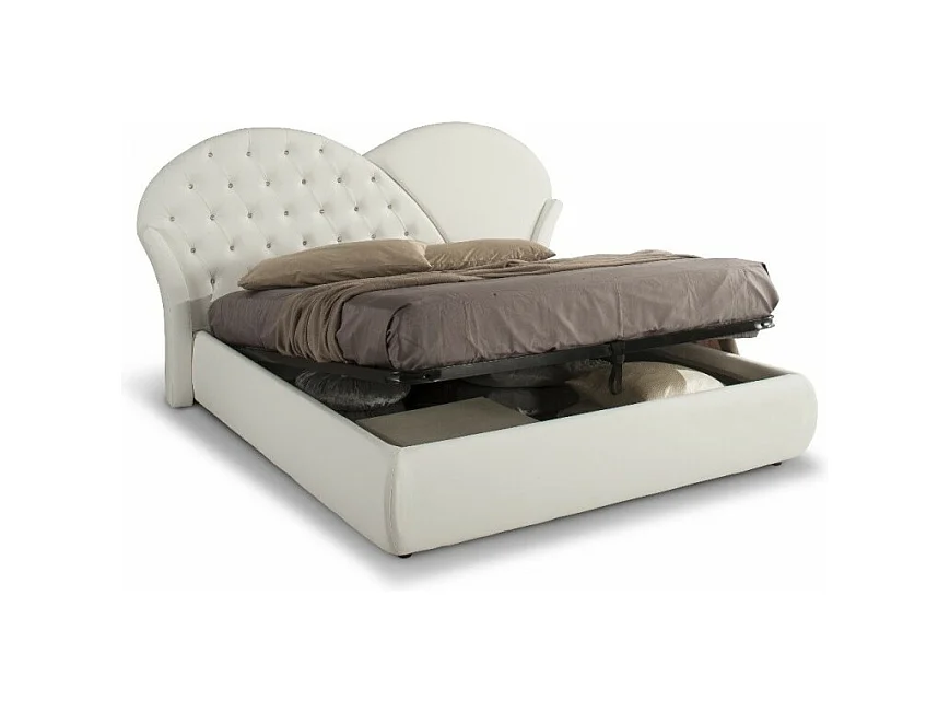 Letto con contenitore Marubi colore bianco bottoni effetto cristallo