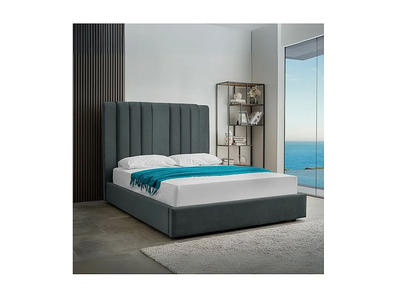 Letto matrimoniale Wilma imbottito con contenitore in tessuto Vogue colore blu pacific
