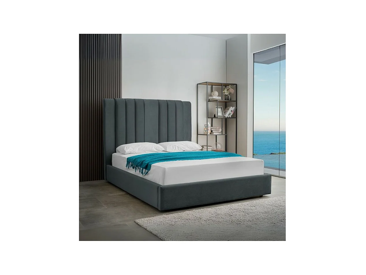 Letto matrimoniale Wilma imbottito con contenitore in tessuto Vogue colore blu pacific