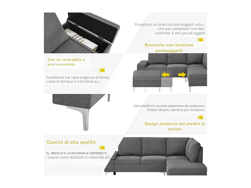 Divano angolare destro tessuto grigio Dina con bracciolo porta oggetti 218X172X87H