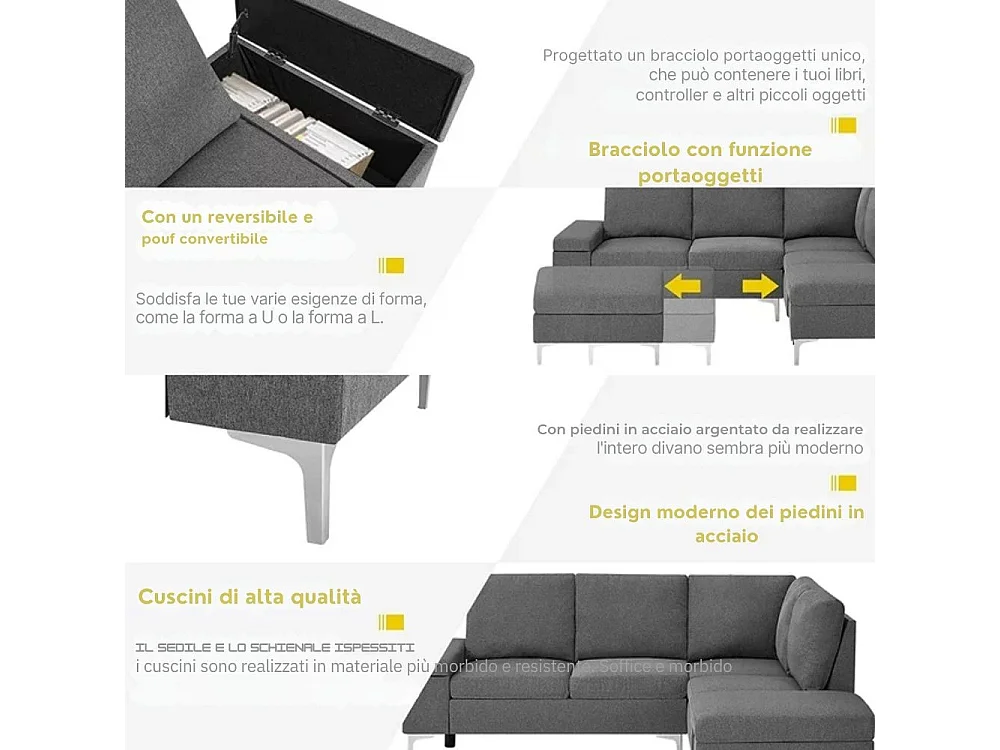 Divano angolare destro tessuto grigio Dina con bracciolo porta oggetti 218X172X87H