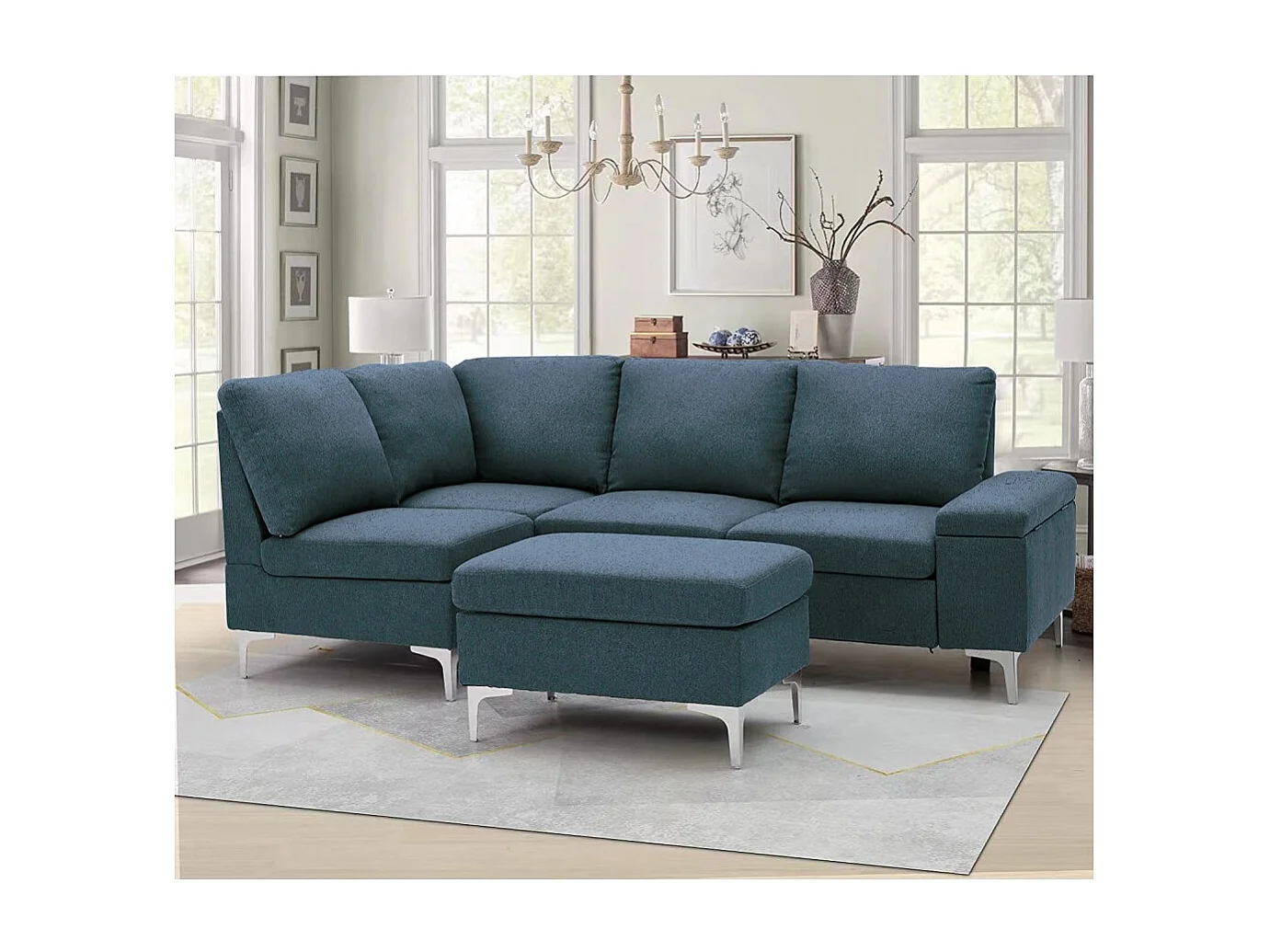 Divano angolare destro tessuto grigio Dina con bracciolo porta oggetti 218X172X87H