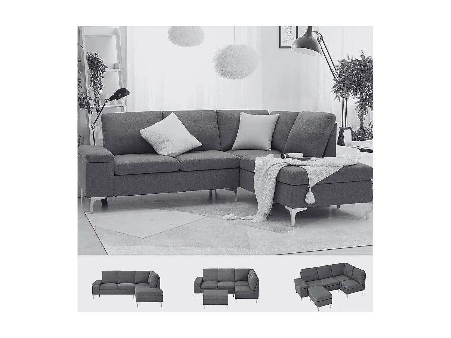 Divano angolare destro tessuto grigio Dina con bracciolo porta oggetti 218X172X87H