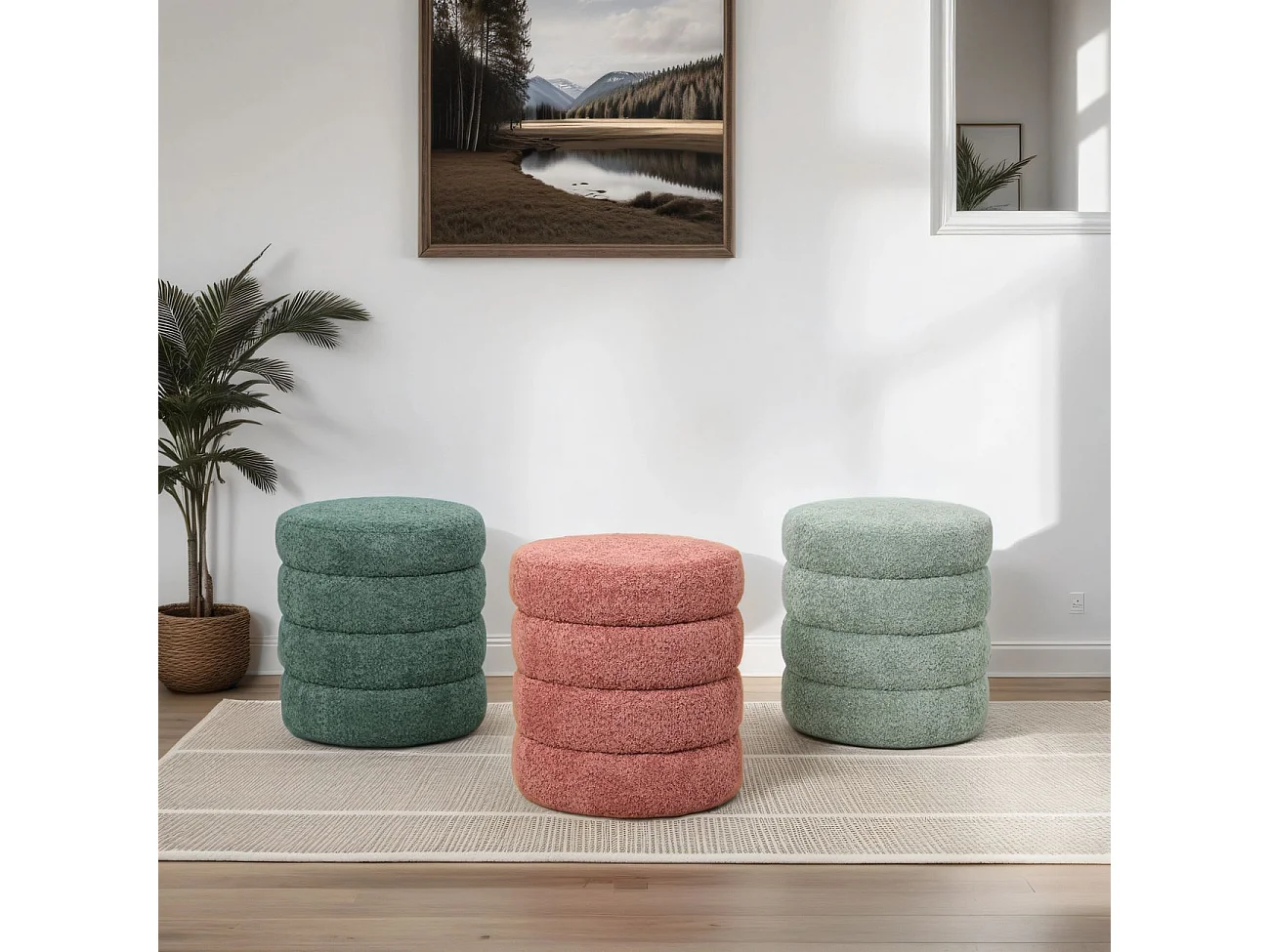 Pouf tissu effet fourrure rase vieux rose FINO