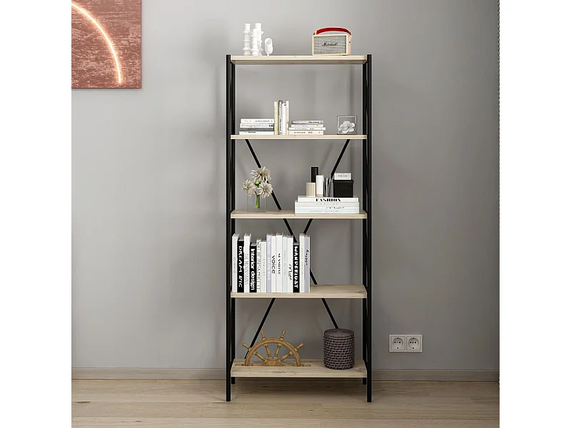 Libreria nera e rovere Axel 62x26x150H – Stile industriale e funzionalità per ogni ambiente