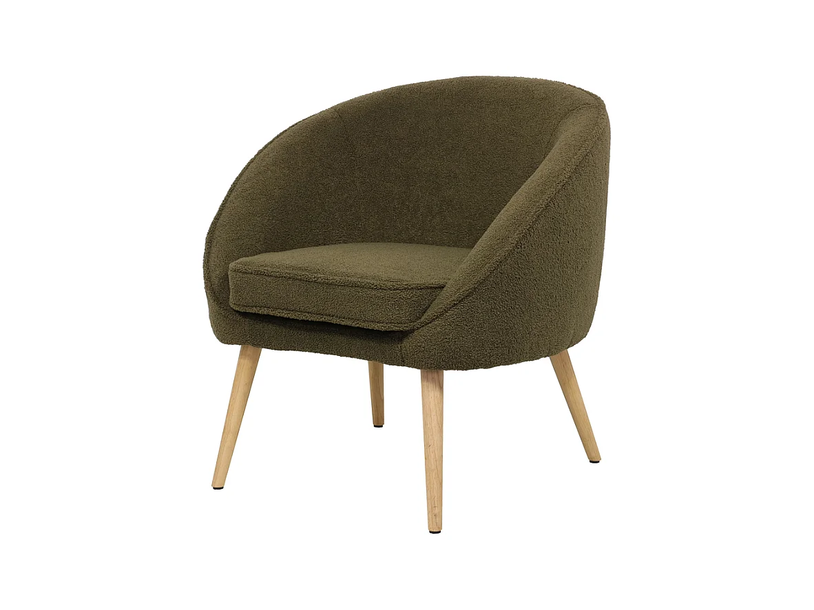 Fauteuil tissu effet laine bouclette kaki pied wengé