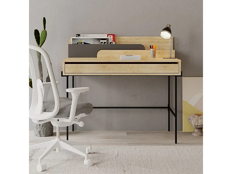 Scrivania rovere con dettagli antracite e gambe nere Leila 110x60x101