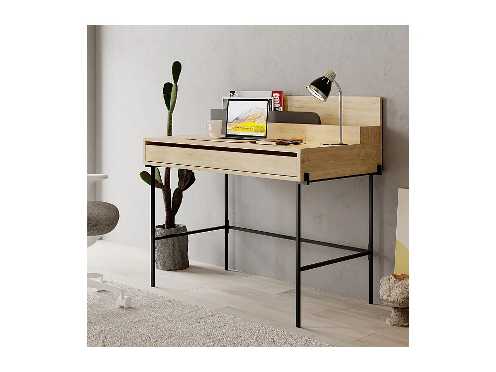 Scrivania rovere con dettagli antracite e gambe nere Leila 110x60x101