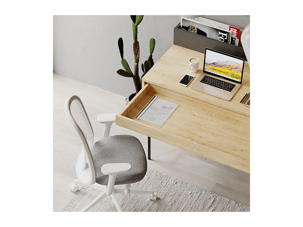 Scrivania rovere con dettagli antracite e gambe nere Leila 110x60x101