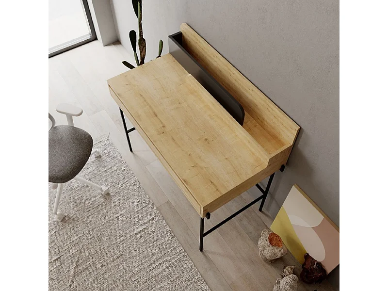 Scrivania rovere con dettagli antracite e gambe nere Leila 110x60x101