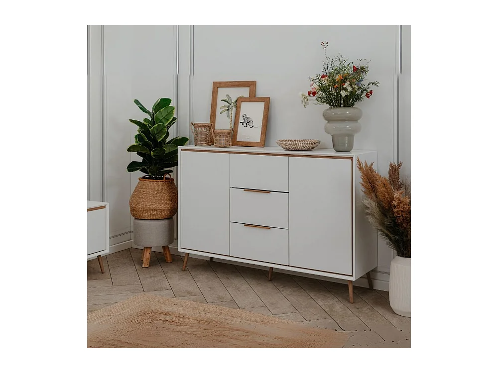 Madia colore bianco con particolari quercia 2 ante e 3 cassetti Arona01B 135x38x90H