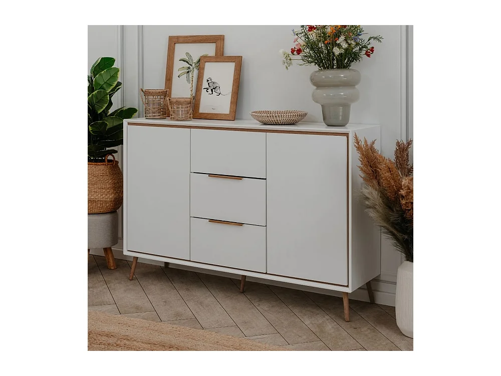 Madia colore bianco con particolari quercia 2 ante e 3 cassetti Arona01B 135x38x90H