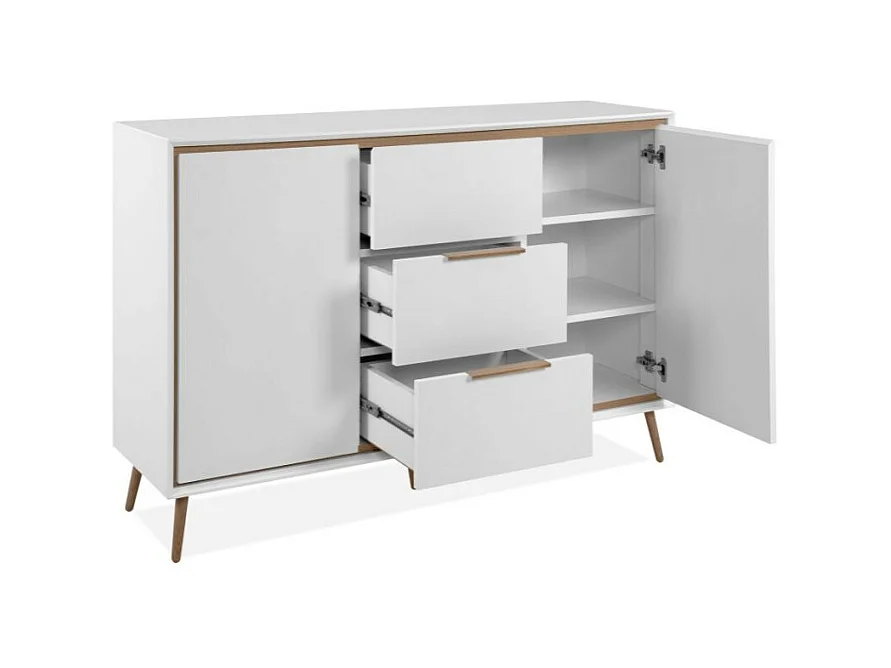 Madia colore bianco con particolari quercia 2 ante e 3 cassetti Arona01B 135x38x90H